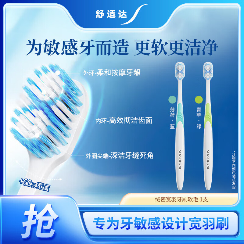 舒适达绒密宽羽牙刷(软毛)*1支 家庭成人呵护敏感高效清洁 颜色随机发货