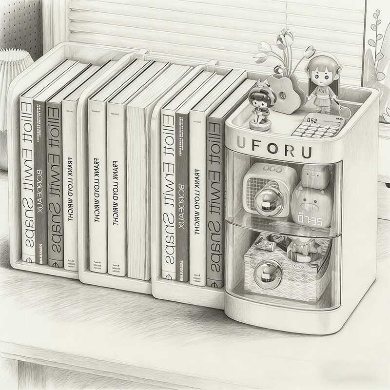尔思家书立架家用书桌可伸缩书本置物架办公桌收纳架学生书桌上文具笔筒 奶油白