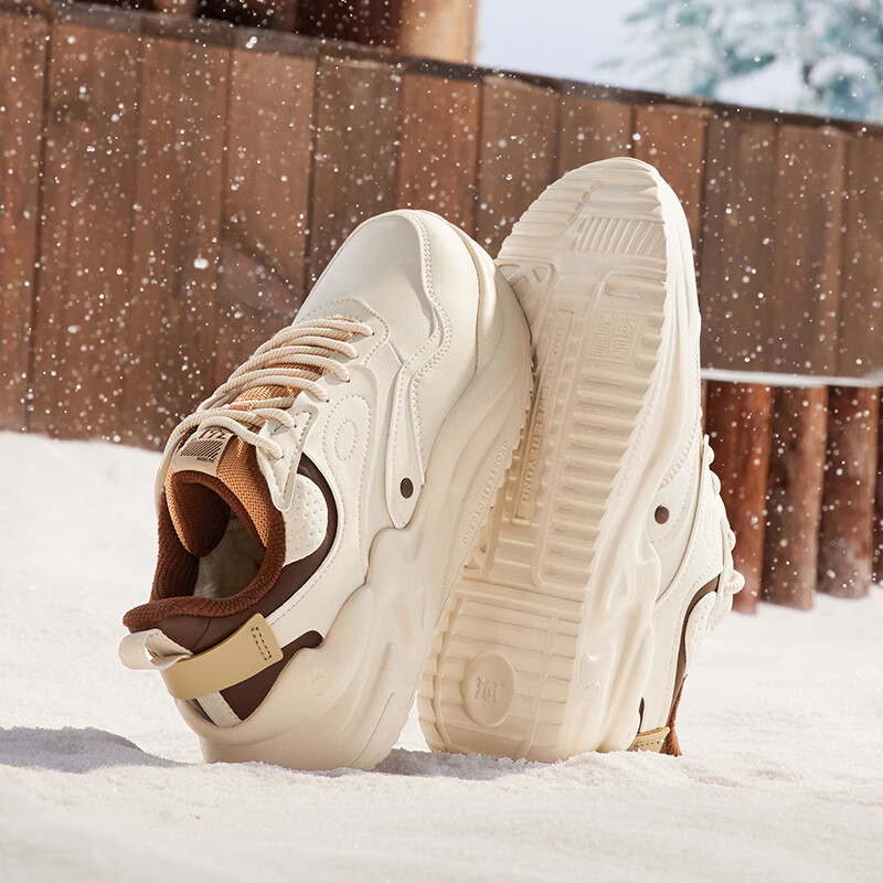 361°云舒3.0女鞋冬季加绒保暖鞋学生运动休闲鞋软底皮革面老爹鞋子女 【加绒】燕麦奶/咖啡棕色 37