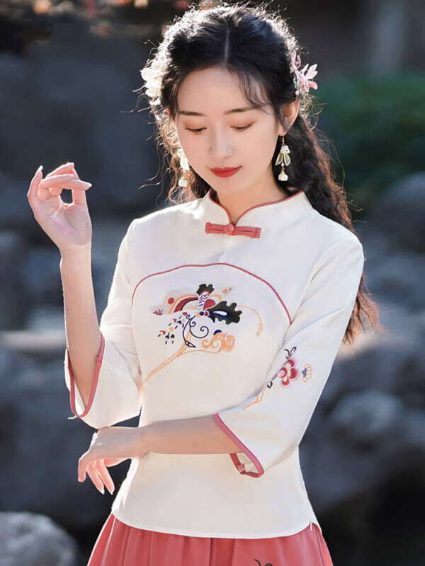 菲洛曼中式上衣女春秋民国风少女改良旗袍唐装年轻人汉服 白色上衣 m