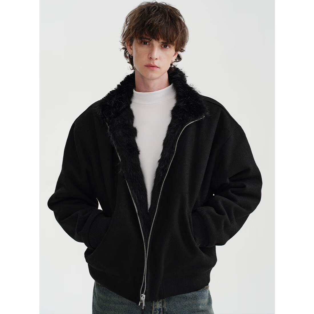 MIDASHAND2025新款座山雕棉服50羊毛仿狐狸毛双面穿内里拼毛立领夹克外套 黑色 L (身高175-180cm)