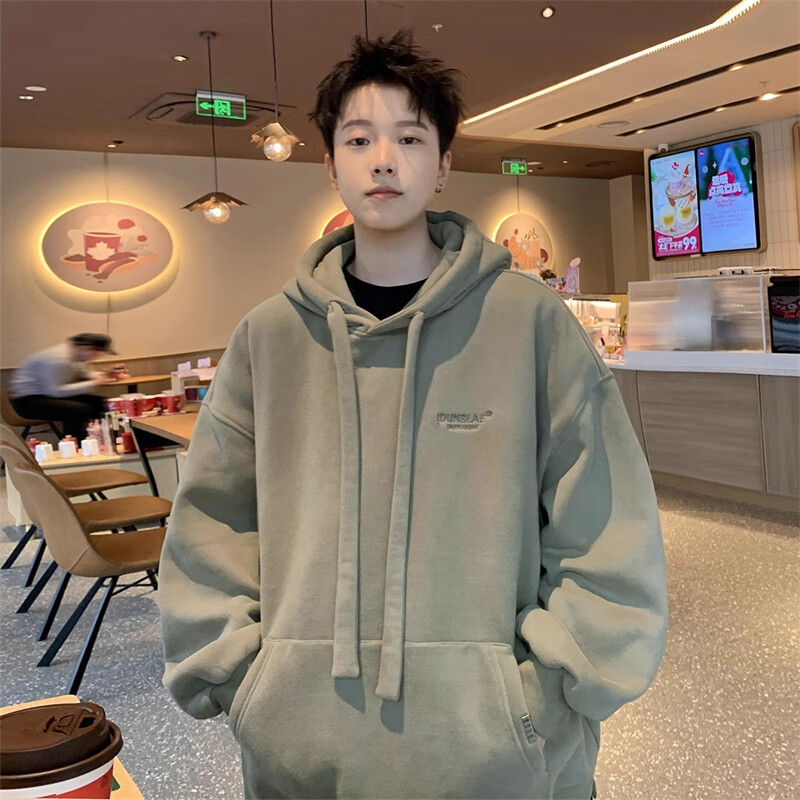 潮衫酷美式重磅潮流连帽卫衣男秋冬季休闲百搭宽松大码纯色帅气套头上衣 绿色 常规 M 建议85-100斤