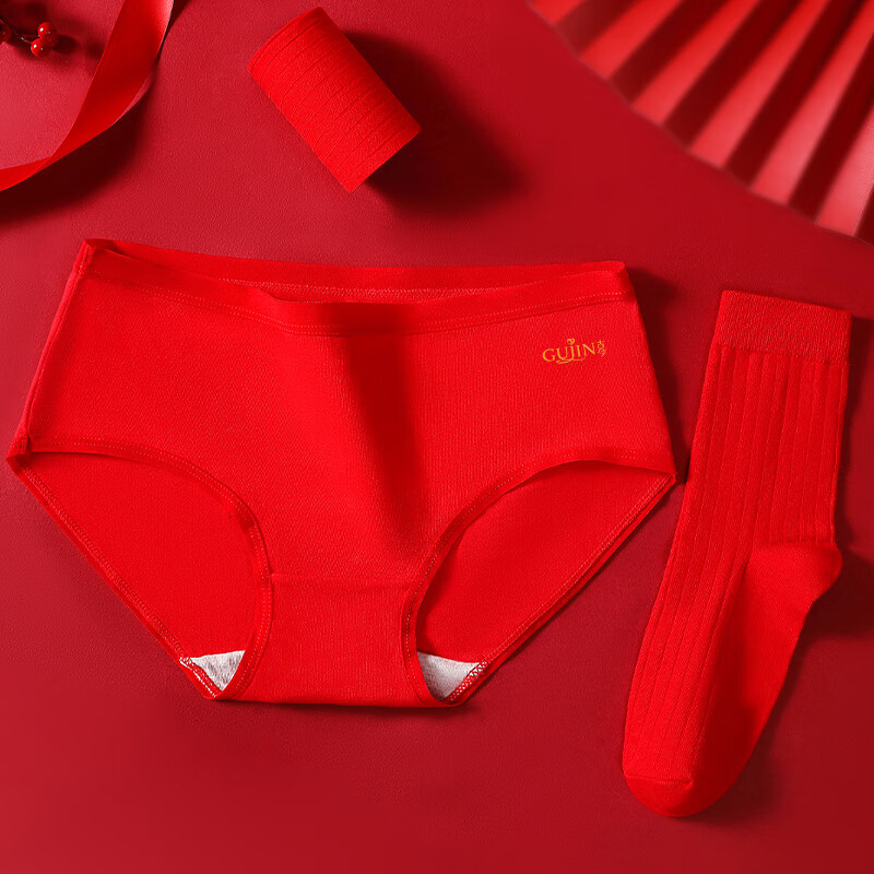 古今（GUJIN）内裤女士纯棉底裆三角裤套装含袜子结婚新年本命马骐骥红色 红色鸿运内裤+袜子1双 1条 M 推荐体重90-110斤