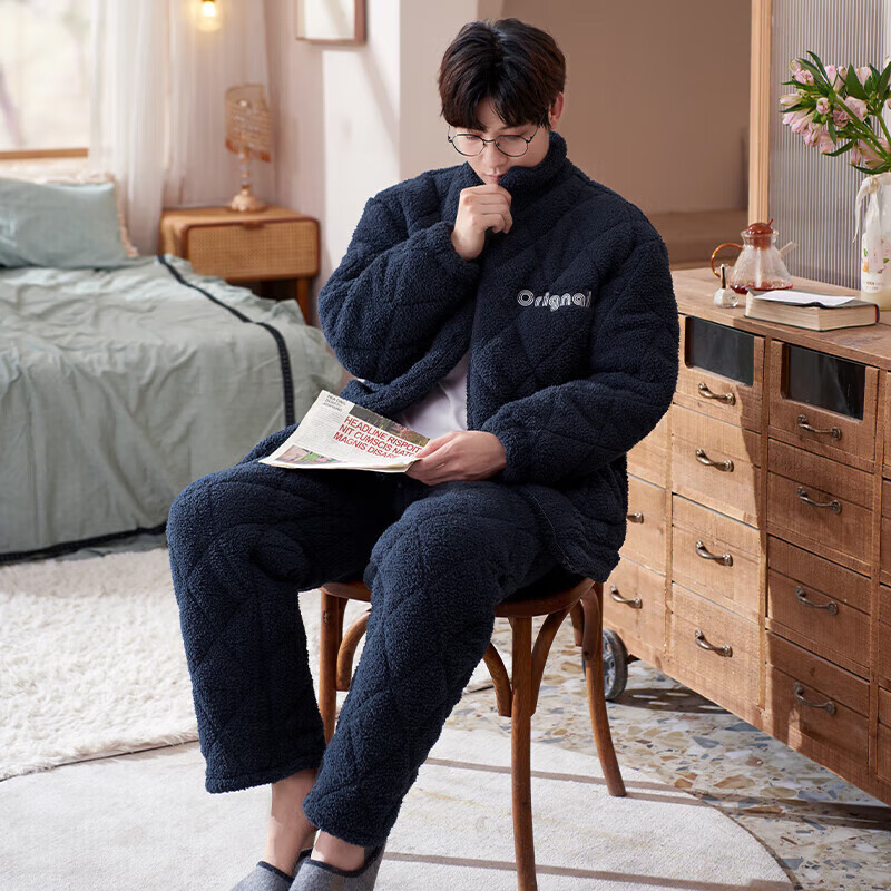 芬腾【清仓】情侣珊瑚绒夹棉睡衣女士冬季三层加厚男抗静电家居服套装 FX25950394深兰【单男款】 2XL 建议:女142-160,男166-185斤