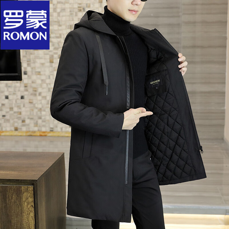 罗蒙（ROMON）男士中长款棉衣外套秋冬新款夹克棉袄纯色大码风衣连帽棉服男冬装 黑色 M