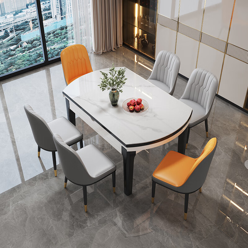 木斌岩板餐桌椅子全套轻奢现代简约家用小户型伸缩可折叠饭桌可变圆桌 【12MM岩板】 1桌6菠萝椅 （全国联保） 1.35米