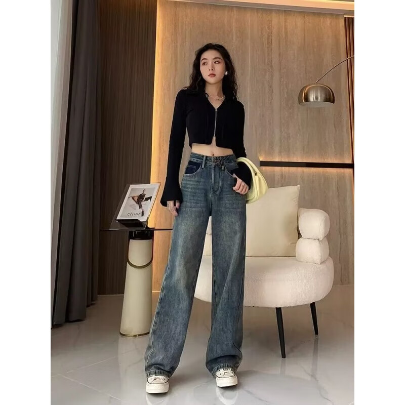 女装牛仔裤女美式欧美炸街裤子高腰显瘦适合胯宽梨形身材的裤子 蓝色