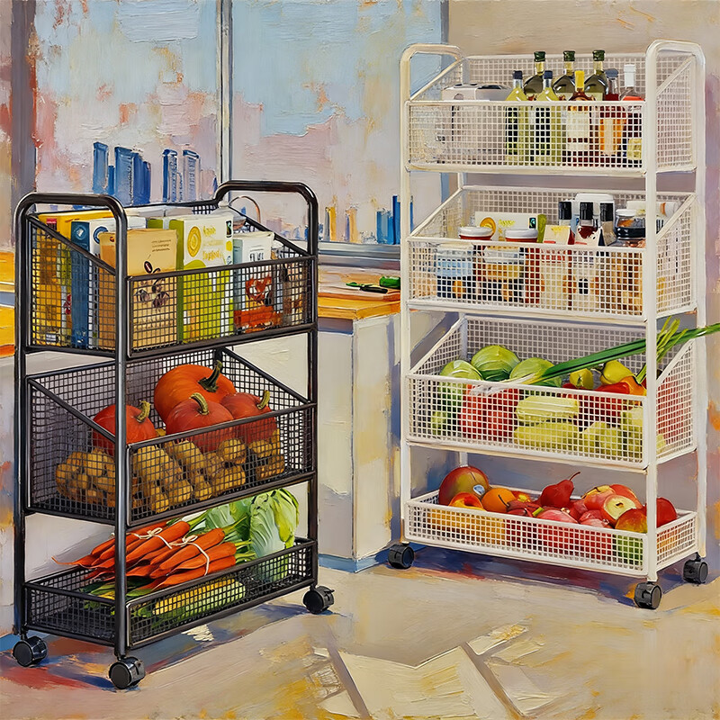 尔思家蔬菜置物架厨房多功能落地多层收纳柜筐菜架水果零食推车放菜篮子 白色四层-带轮