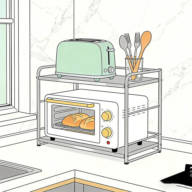 尔思家厨房置物架微波炉架子台面多层收纳架家用多功能桌面可抽拉烤箱架 白色双层-中号（可抽拉）