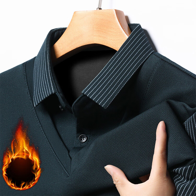 布卡澜琦秋冬季加绒假两件男士翻领长袖t恤中青年商务男装纯色条纹体恤衫 哈青（加绒） XL /115（建议135-150斤）