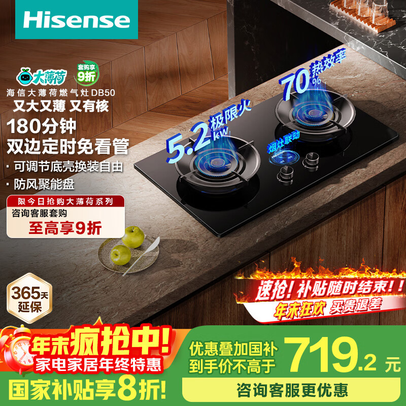 海信(Hisense)【大薄荷DB50】家用5.2KW大火力燃气灶双边定时灶台嵌两用天然气灶行业爆款国家补贴20%烟灶联动