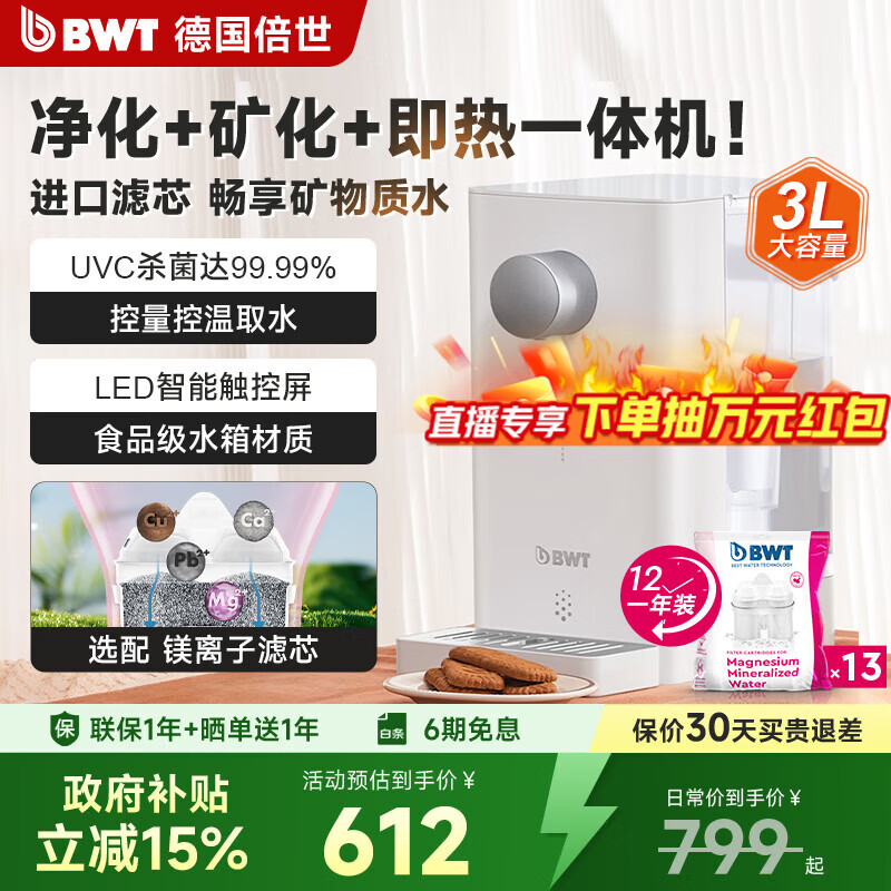 倍世(BWT)即热式饮水机家用台式净饮一体机净水器即热即饮桌面式UV杀菌直饮机免安装A2系列 【一年装】A2净饮机(1机13芯镁离子)