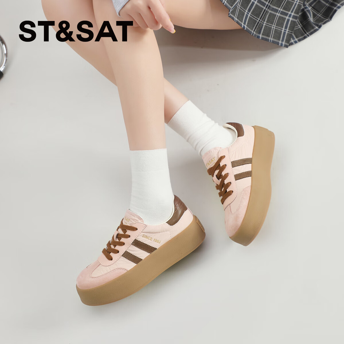 星期六(St&Sat)2026春季新款德训鞋拼色复古气质百搭舒适休闲鞋跑步鞋通勤女鞋子 粉色 37