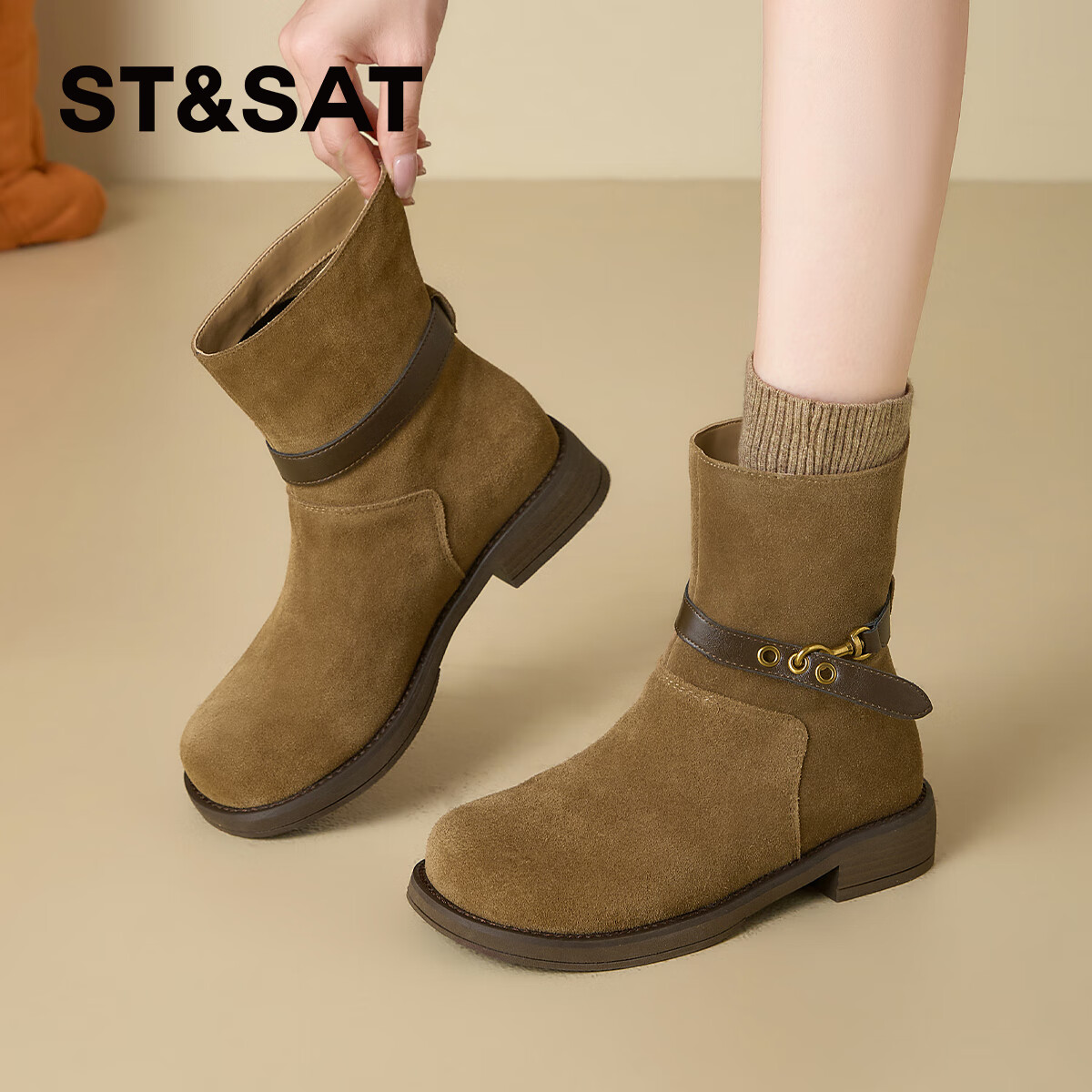 星期六美拉德短靴女2025新款废土风粗跟堆堆靴秋季复古西部牛仔靴 卡其色 【复古百搭】 40