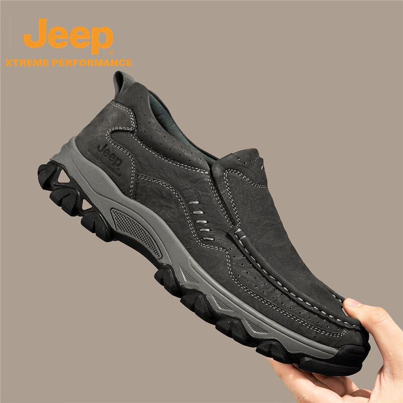 JEEP吉普秋冬男士一脚蹬大码中老年户外软底老人防滑透气爸爸鞋 黑色 41 (255mm) 皮鞋码数