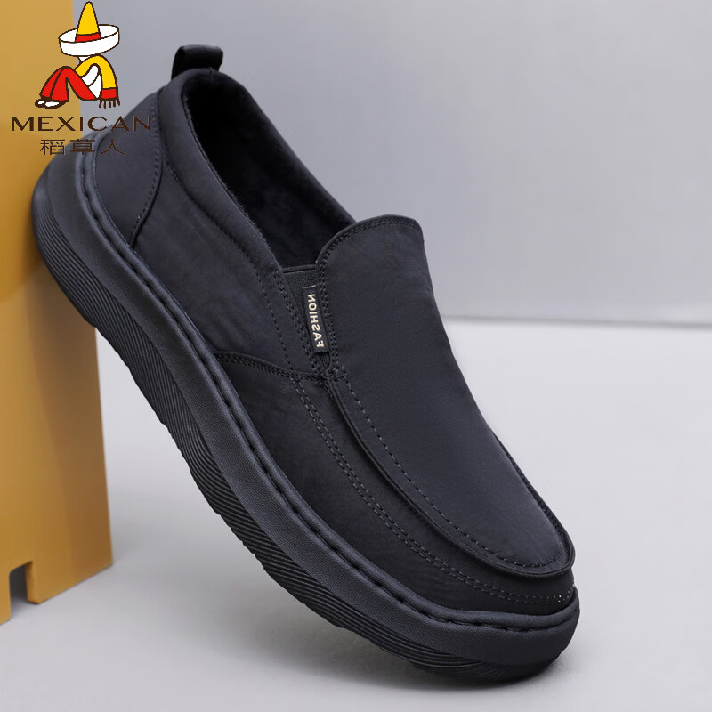 稻草人（MEXICAN）老北京布鞋男鞋秋冬季加绒保暖二棉鞋中老年人软底防滑爸爸休闲鞋 黑色 39