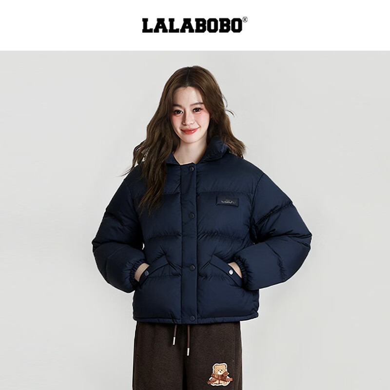 LALABOBO【商场同款】白鸭绒羽绒服25年冬新潮原创格子外套女RBED-WSYR16 深蓝 S