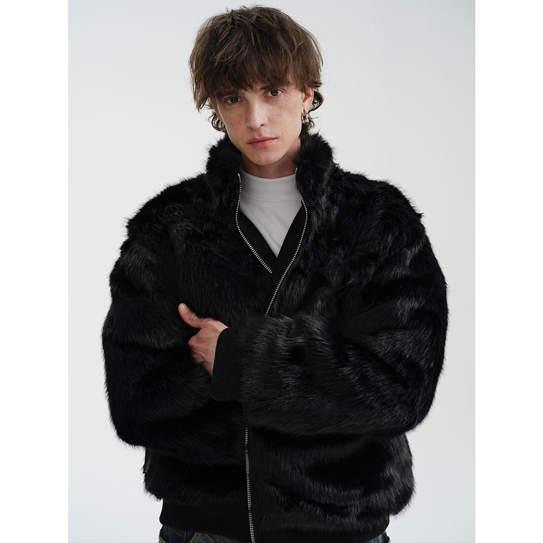 MIDASHAND2025新款座山雕棉服50羊毛仿狐狸毛双面穿内里拼毛立领夹克外套 黑色 L (身高175-180cm)