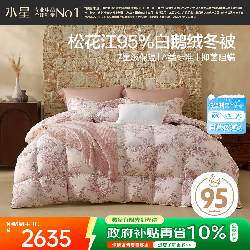 水星家纺羽绒被95%白鹅绒被子冬季加厚冬被芯双人羽绒被220cm×240cm1100g