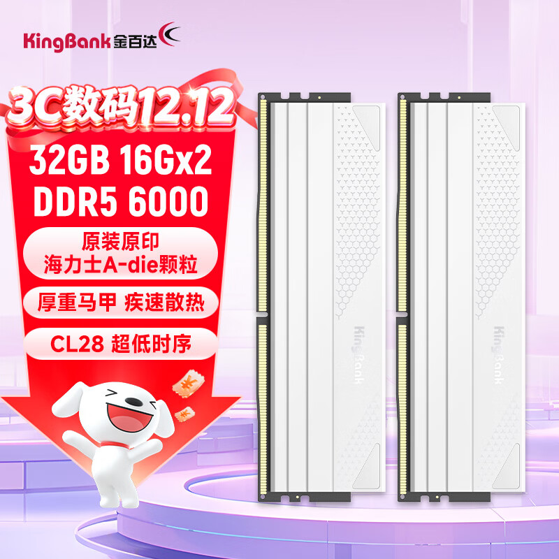 金百达（KINGBANK）32GB(16GBX2)套装 DDR5 6000 台式机内存条海力士A-die颗粒 星刃白 C28 Deepseek硬件