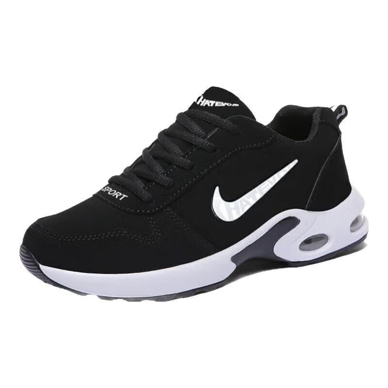 运动鞋男鞋2025秋冬季新款跑步鞋子男士透气运动鞋男加绒休闲鞋男 NK666黑白【皮面】 42