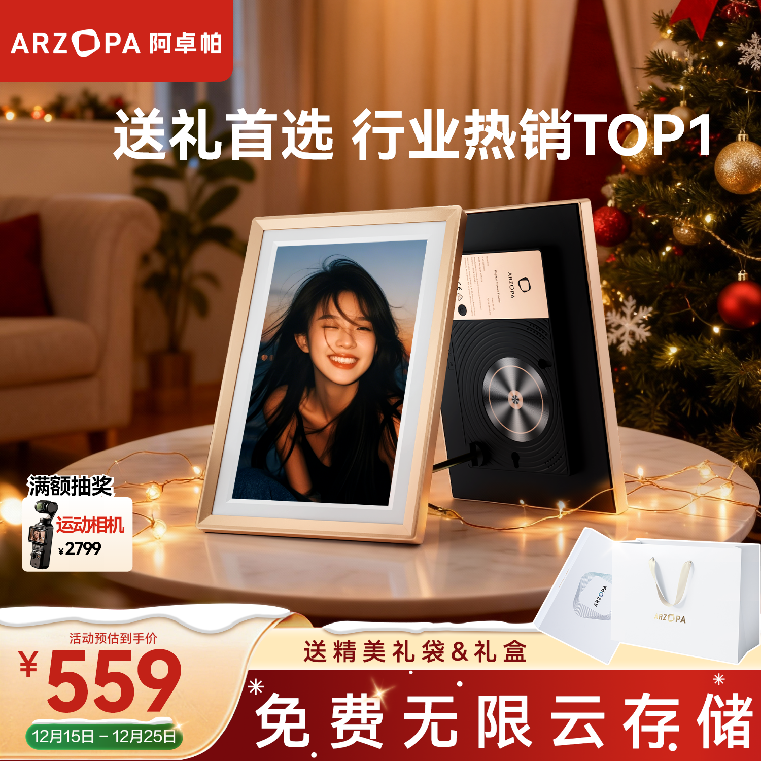 ARZOPA阿卓帕 10.1英寸数码智能云相框 高清电子相册 照片视频触摸播放  端午节礼物 D10香槟金