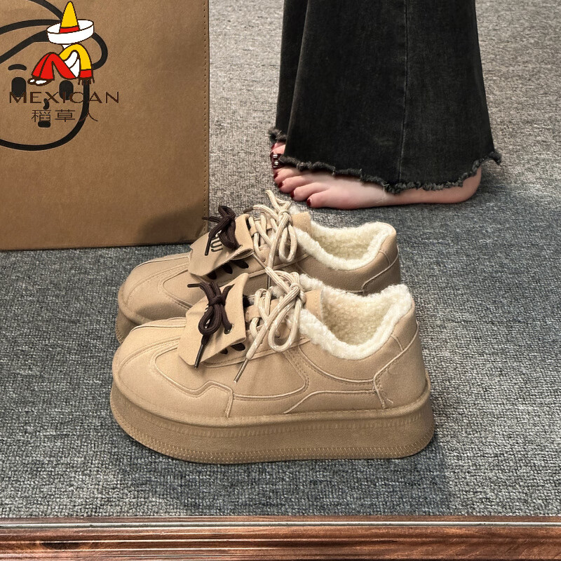 稻草人（MEXICAN）厚底雪地靴女2026冬季新款丑萌勃肯鞋保暖德训鞋加绒毛毛棉鞋支撑 米色 35