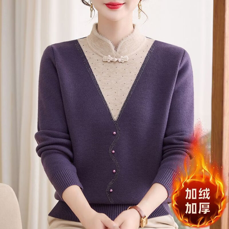 妈妈秋冬国风假两件毛衣一体绒针织打底衫新款女装加绒加厚上衣 【25125】安哥拉红 加绒 XL 建议90-110斤