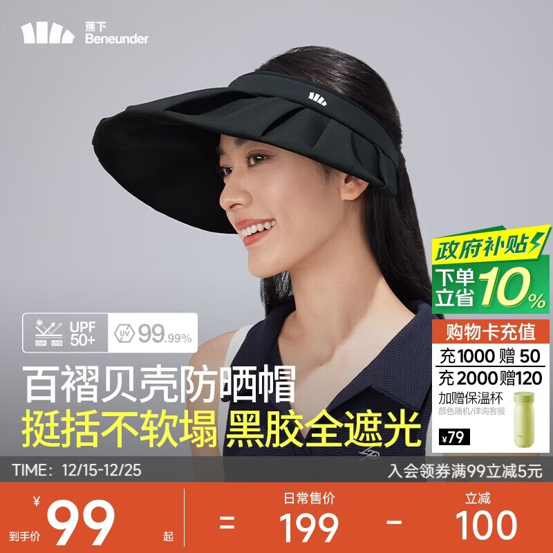 蕉下（beneunder）女士百褶贝壳黑胶防晒帽遮阳帽子女太阳帽防紫外线空顶帽BM56124