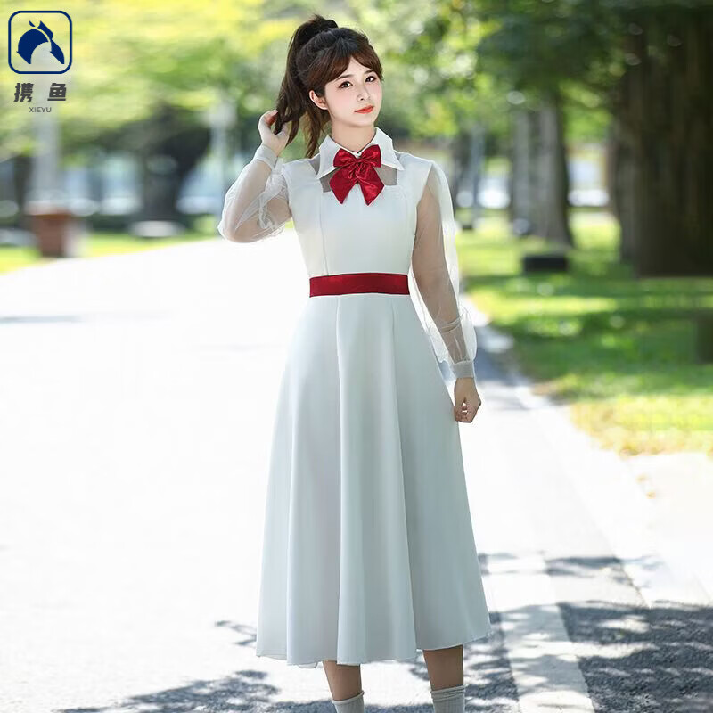 攜魚元旦新款高中學生大合唱團演出服詩歌朗誦男女主持指揮學院風禮服 白色女款長裙套裝+領結 XXS 150
