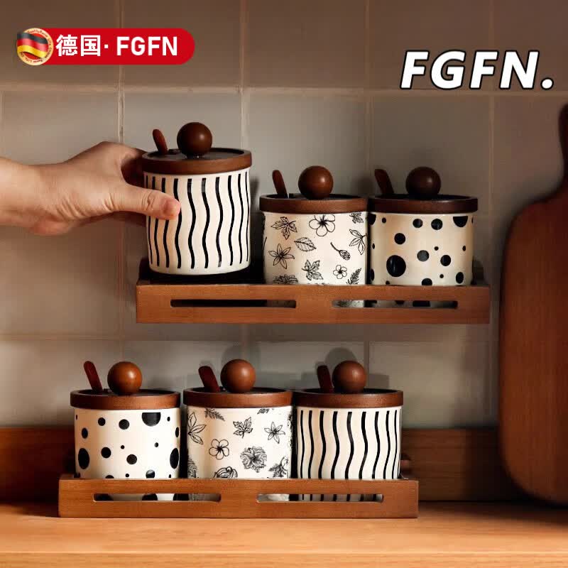 FGFN调料盒家用厨房高端新款油泼辣子罐家用调味罐盐罐陶瓷调料罐套装 防霉/无异味竖条+繁花+波点+木底座赠木勺+标签贴