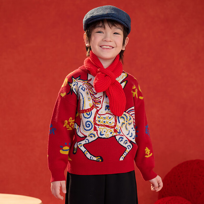 棉花堂（cottontown）棉花堂宝宝拜年服马年新年毛衣儿童过年衣服线衣男童童装女童衣服 飞马迎春-蓝边 140 140/68