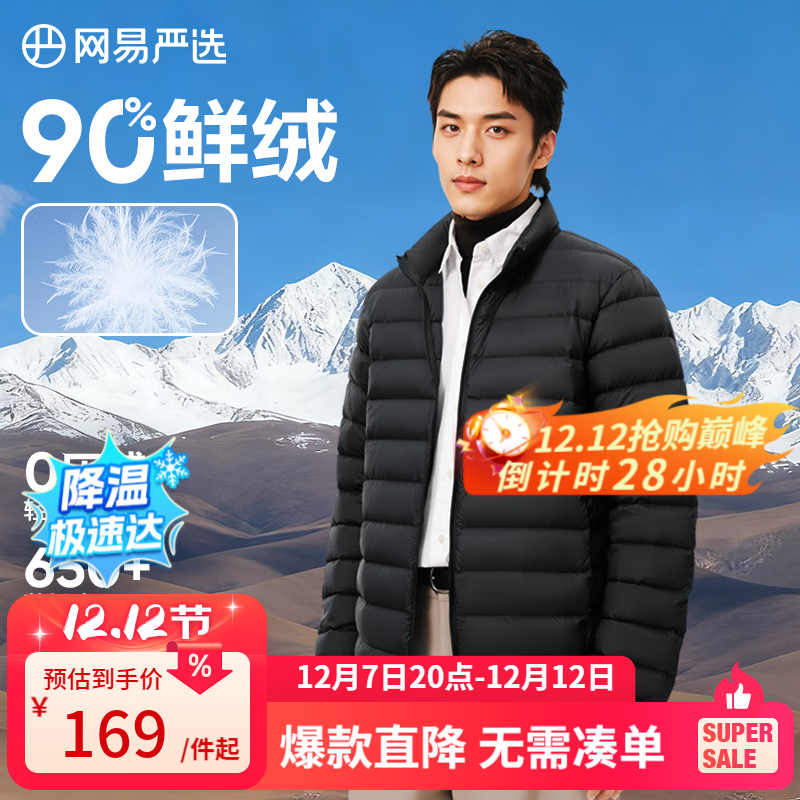 网易严选25新品90鸭绒轻暖羽绒服保暖0压感防泼水蓄热抗菌外套男羽绒内胆 A款-25秋冬-水墨黑-立领 L