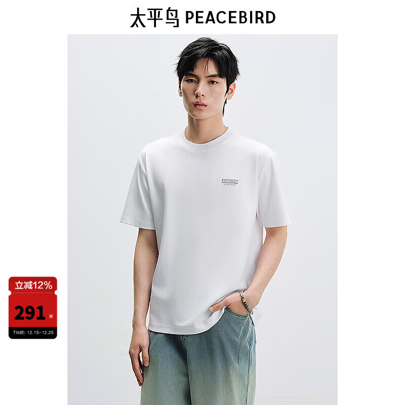 太平鸟男装【重磅】刺绣短袖T恤25夏新款圆领纯色白t时尚青年体恤 白色 第一批 3XL