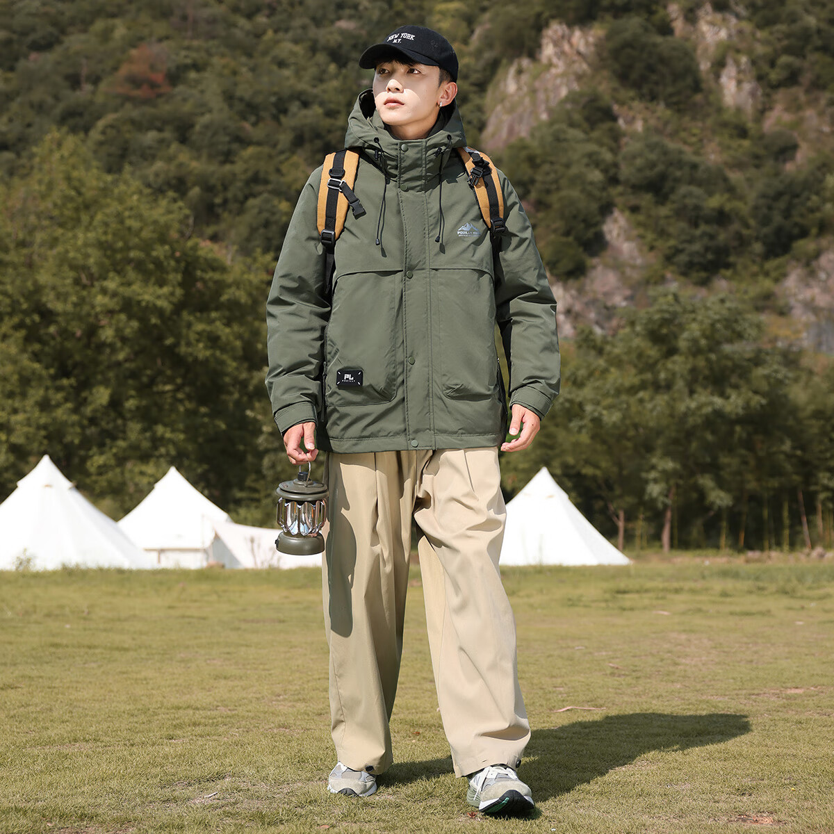 布衣传说防钻绒立领连帽山系蓬松保暖大口袋插肩袖登山工装休闲男式羽绒服 军绿 XL