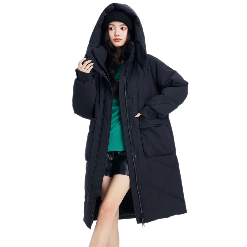 雪中飞2025冬新款女士中长款羽绒服百搭时尚休闲气质大口袋保暖舒适 黑色|8056 M /160/84A