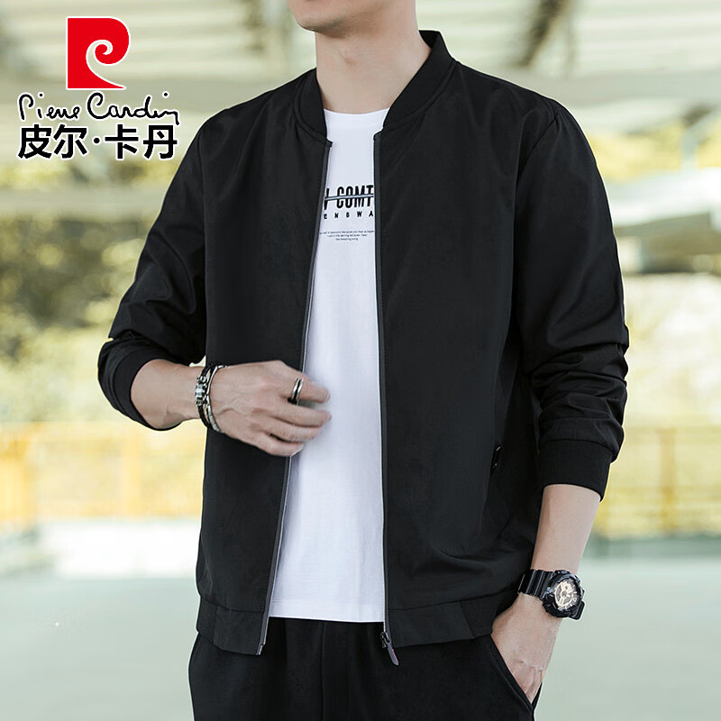 皮尔卡丹（pierre cardin）男士夹克春秋装外套新款韩版潮流春秋款大码上衣服帅气休闲外套 2030 黑色 薄款 M