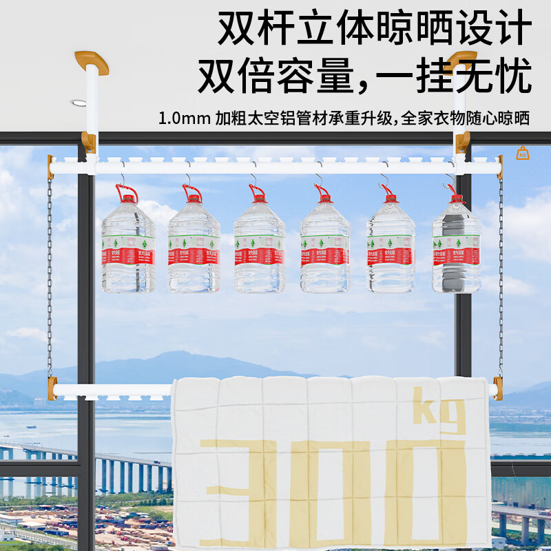 嘉顺迪包安装铝合金上下双层阳台晾衣杆家用顶装固定式晾衣架悬挂晒衣杆 【上下双层】雅白3米（配底座50cm） 不包安装