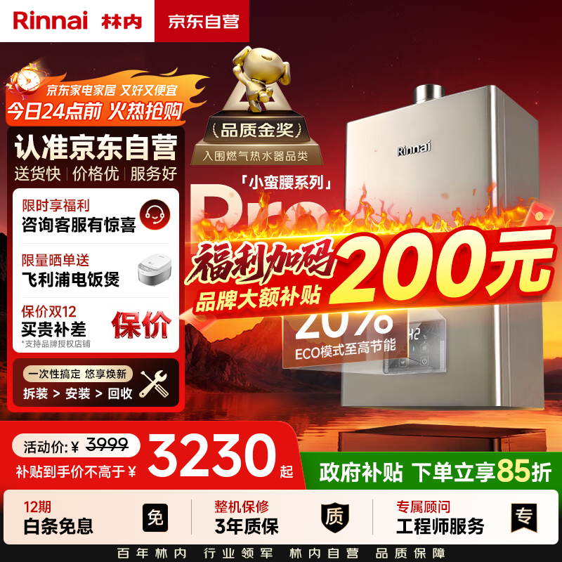 林内（Rinnai）【小蛮腰Pro】16升燃气热水器天然气【国家补贴15%】恒温ECO节能 低水压启动16GD32（JSQ31-GD32）