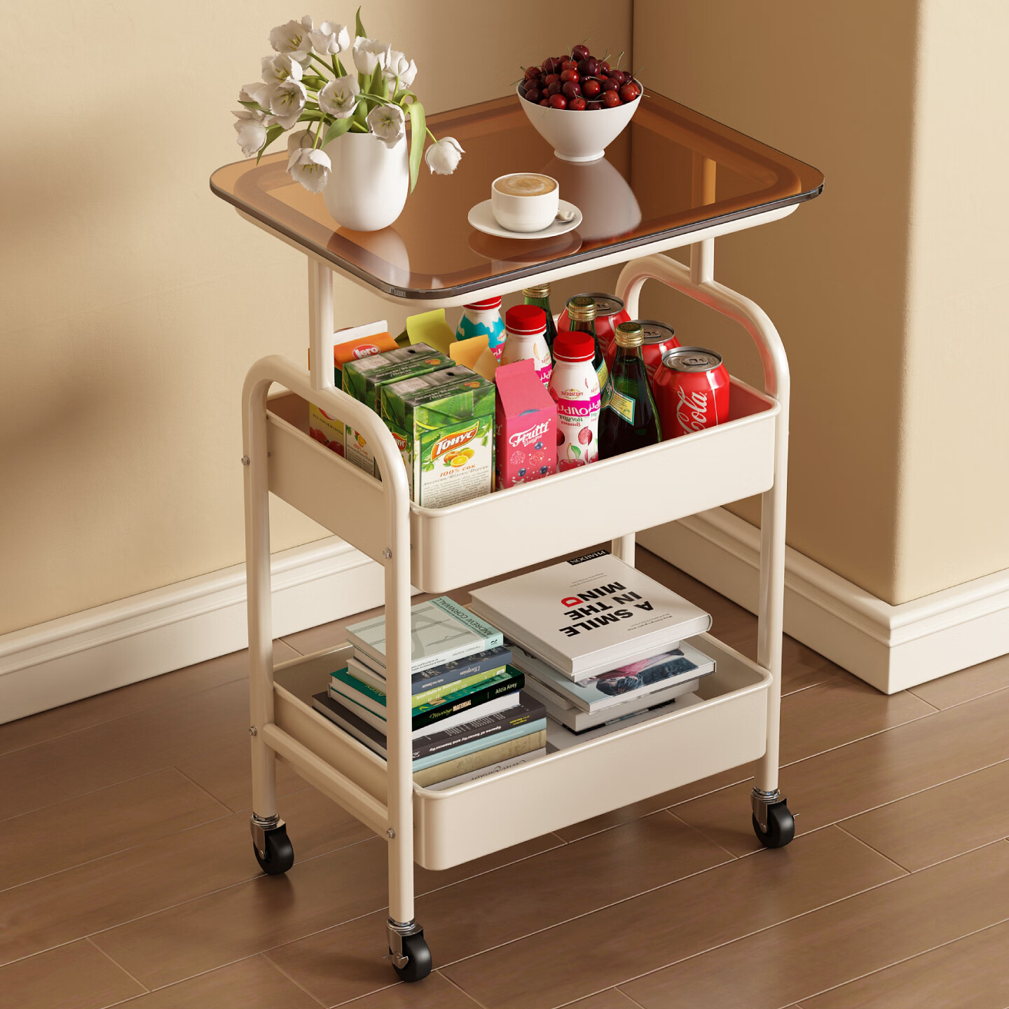 木樽中古风推车置物架可移动沙发边几收纳柜架子床边桌子零食落地床头 三层+密度板 奶油白