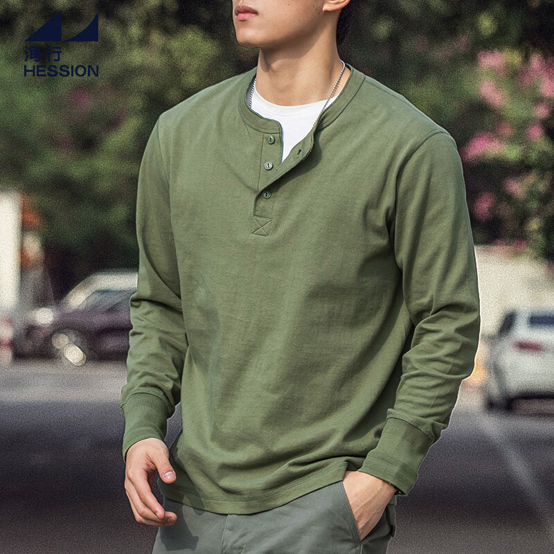 海行户外美式复古亨利衫长袖t恤男2025春季纯棉侧身无缝亨利领打底衫 军绿色 L (参考140-155斤)