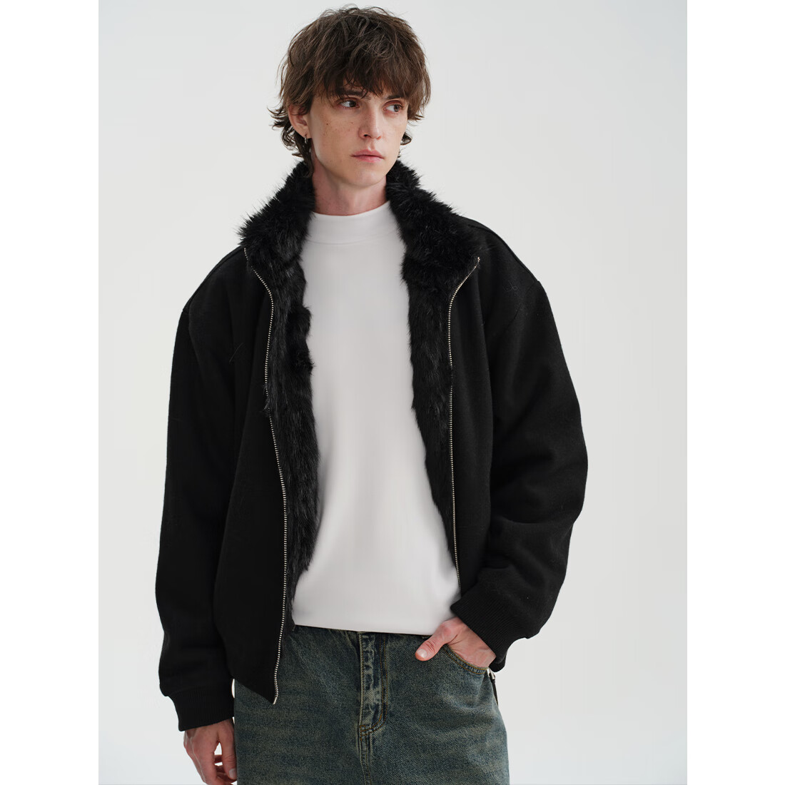 MIDASHAND2025新款座山雕棉服50羊毛仿狐狸毛双面穿内里拼毛立领夹克外套 黑色 L (身高175-180cm)