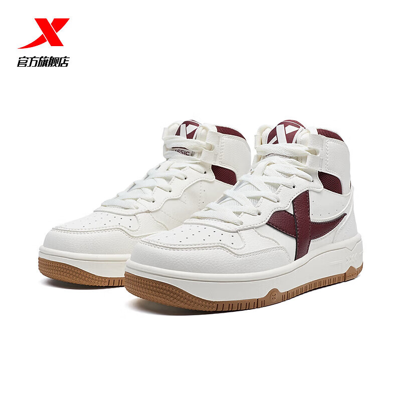 特步（XTEP）WG特步（XTEP）板鞋女24冬季新款轻便街头时尚高帮女鞋运动休闲女 帆白/团队红 35