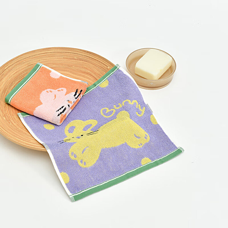 洁丽雅(grace) 纯棉儿童方巾全棉可爱卡通小毛巾洗脸方巾手帕擦手巾带挂绳 A类纯棉【紫色25*25cm】 2条 25g