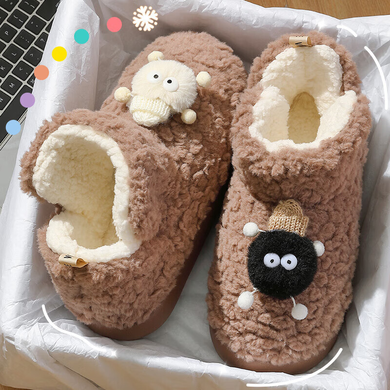 FZT踩屎感棉拖鞋女冬季2025新款厚底加绒家居高帮包跟情侣棉鞋男外穿 深咖【煤球】 36-37 适合35-36