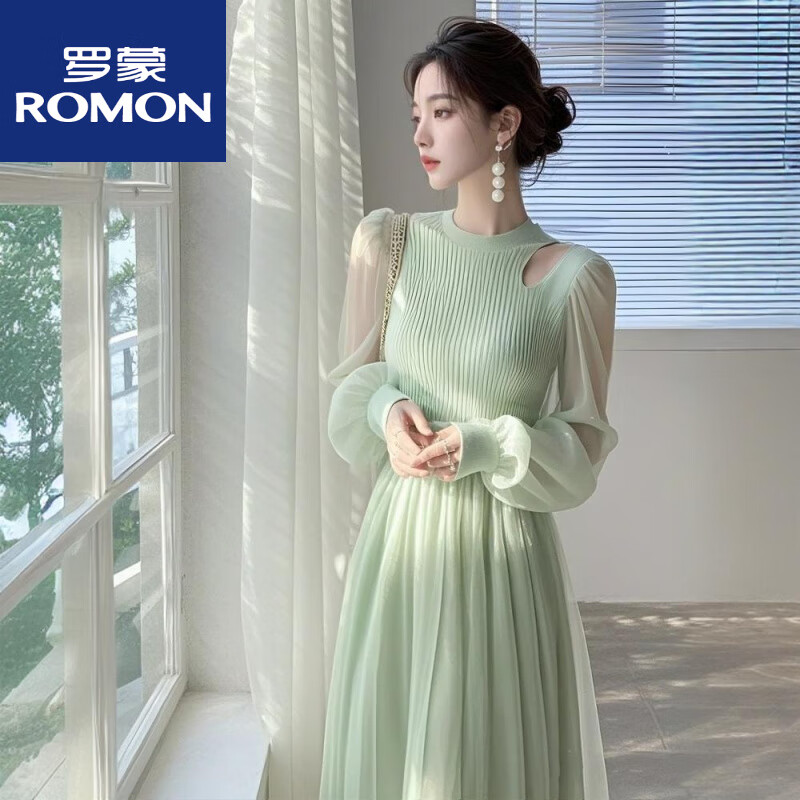 罗蒙2026春装新款法式轻奢感重要场合气质独特漂亮绿色网纱连衣裙 针织连衣裙 S 建议85-95斤