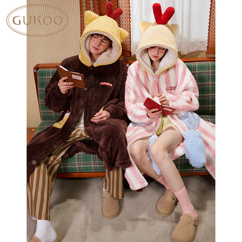 果壳（Gukoo）情侣睡衣冬款毛绒女家居服保暖连帽卡通睡袍男 板栗色睡袍男 M