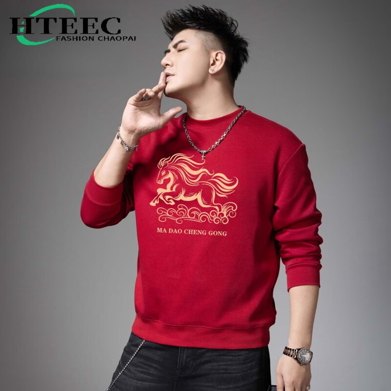 hteec香港潮牌酒红色卫衣男2026马年秋冬款宽松加绒加厚男士本命年衣服 红色 加绒 L 【130-150斤】