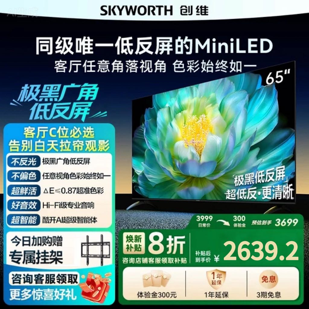 创维A28Mini 65英寸Miniled极黑低反屏电视机 官方换新补贴20%