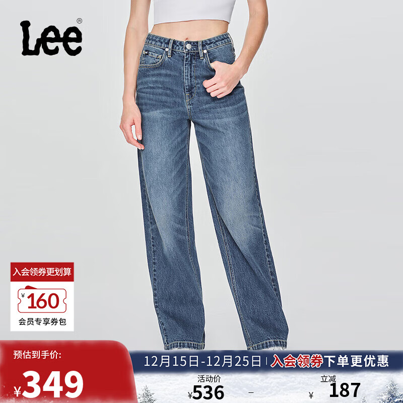 Lee25秋冬新品428懒懒裤舒适高腰直脚五袋款复古中蓝色女牛仔裤